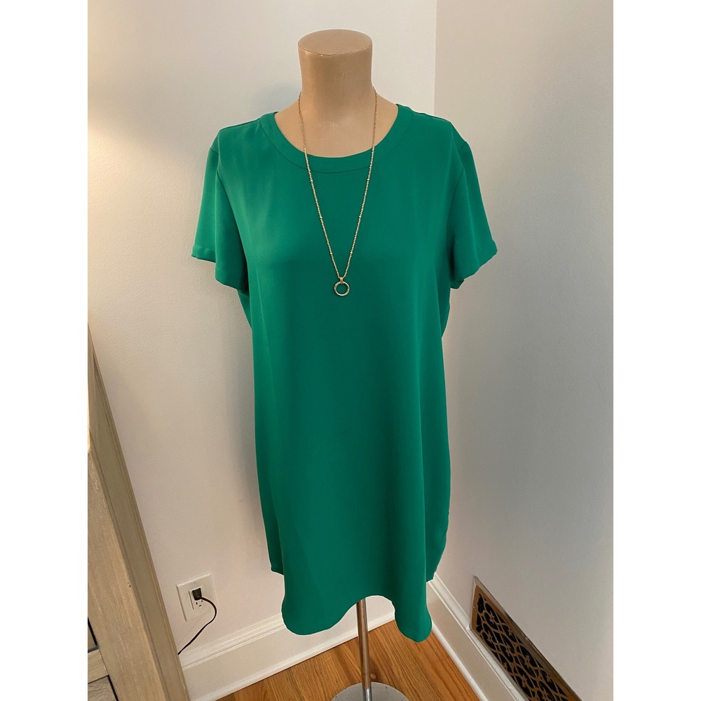 Adrienne Vittadini Green Shift Dress Size 12 Short Sleeve Back Zip